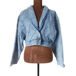 VINTAGE Paris Blues Acid‎ Wash Denim Bomber Crop Jacket Size M 80s 90s